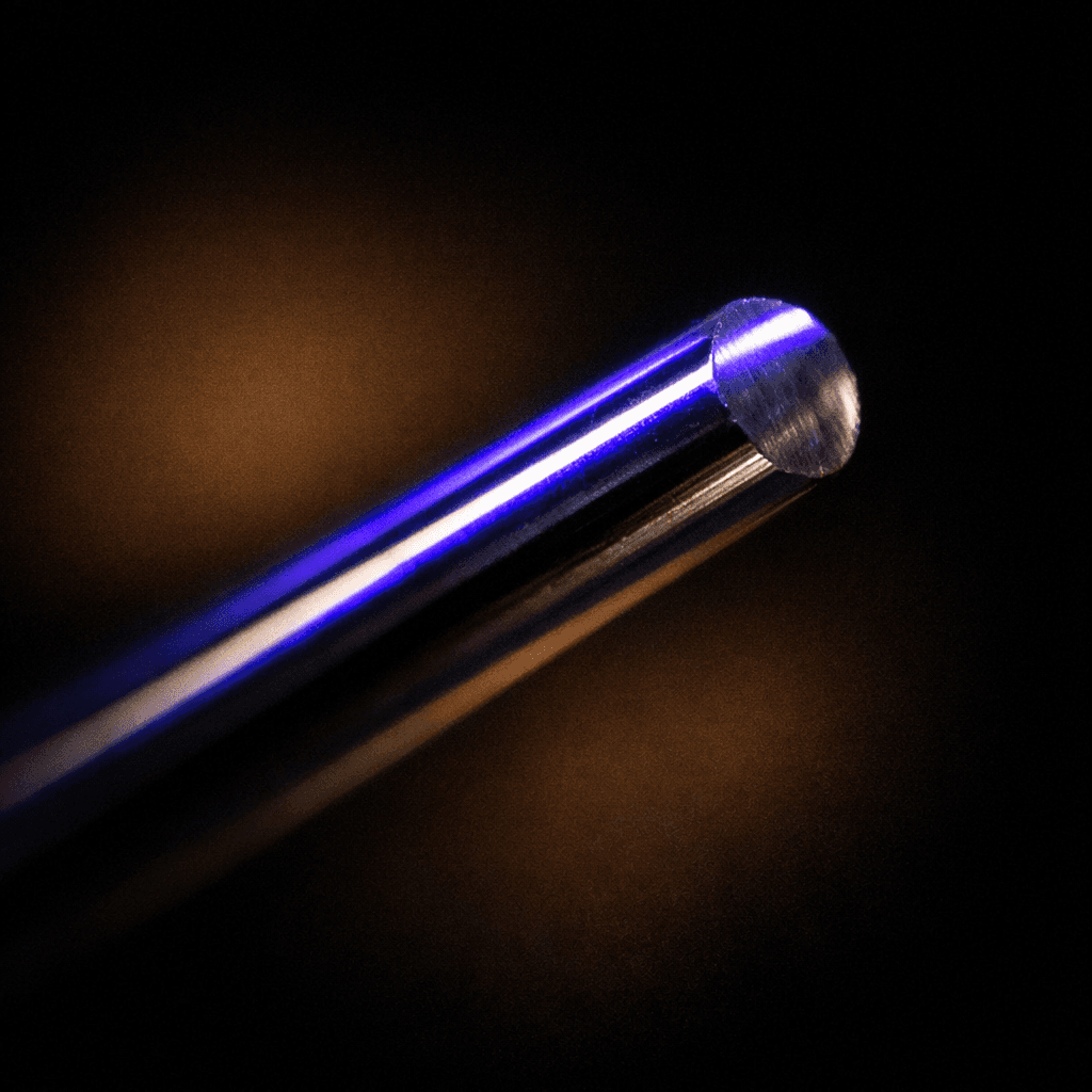 Macro photograph of a fiber-optic strand glowing electric indigo against a warm dark background.