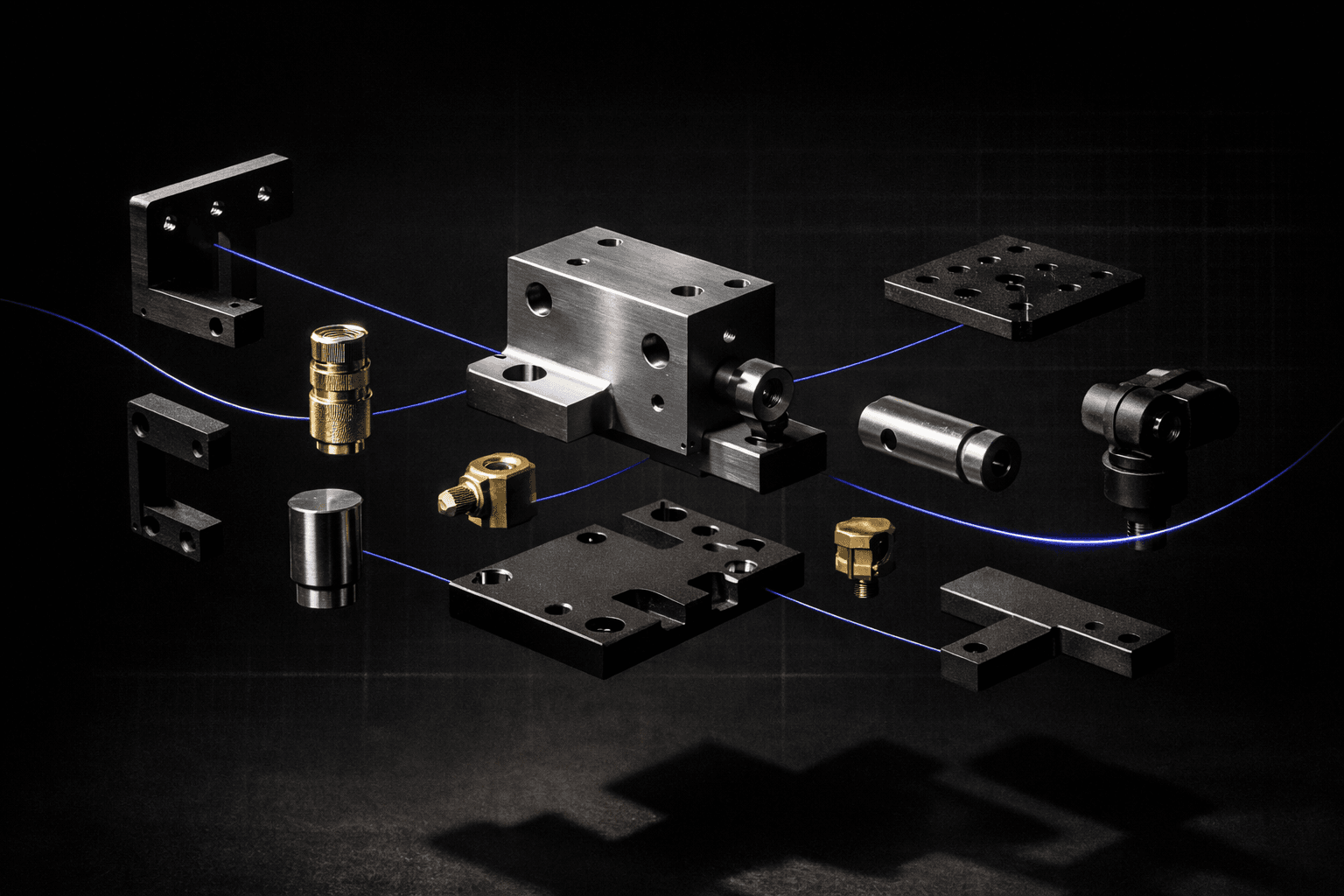 Editorial composition of machined components in exploded-axonometric perspective with thin indigo line traces.